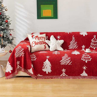 Copridivano in ciniglia Merry Christmas, rosso festivo con motivo ad albero e stella per decorazioni natalizie