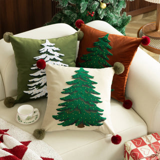 Set di cuscini classici per albero di Natale, motivo natalizio ricamato con accenti pompon