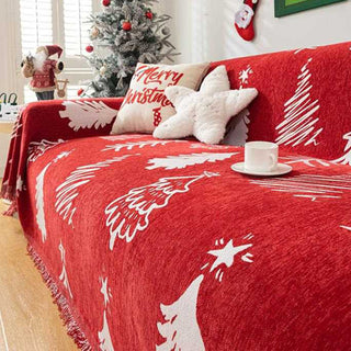 Copridivano in ciniglia Merry Christmas, rosso festivo con motivo ad albero e stella per decorazioni natalizie
