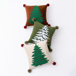 Set di cuscini classici per albero di Natale, motivo natalizio ricamato con accenti pompon
