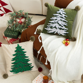 Set di cuscini classici per albero di Natale, motivo natalizio ricamato con accenti pompon
