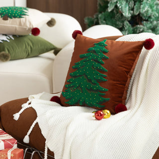 Set di cuscini classici per albero di Natale, motivo natalizio ricamato con accenti pompon