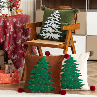Set di cuscini classici per albero di Natale, motivo natalizio ricamato con accenti pompon