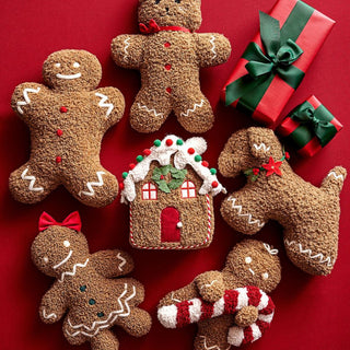 Comodo cuscino Gingerbread House con caramelle gommose pom-pom a forma di bastoncino di zucchero e accenti natalizi