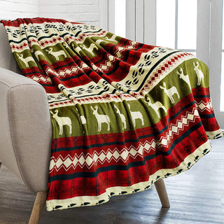 Coperta da vacanza super morbida in peluche a forma di renna con fiocchi di neve e dettagli rossi