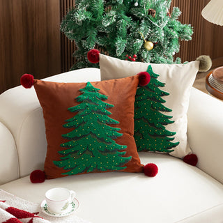 Set di cuscini classici per albero di Natale, motivo natalizio ricamato con accenti pompon