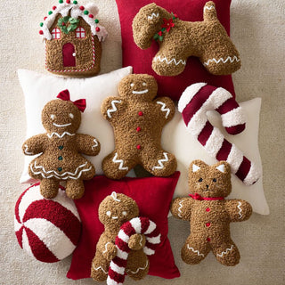 Comodo cuscino Gingerbread House con caramelle gommose pom-pom a forma di bastoncino di zucchero e accenti natalizi