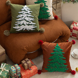 Set di cuscini classici per albero di Natale, motivo natalizio ricamato con accenti pompon